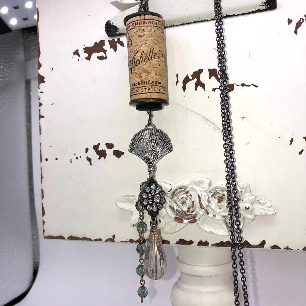 Handmade vintage fan cork necklace